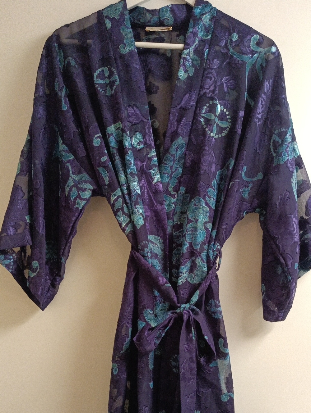 Sheer Purple & Teal Floral Kimono Robe Large